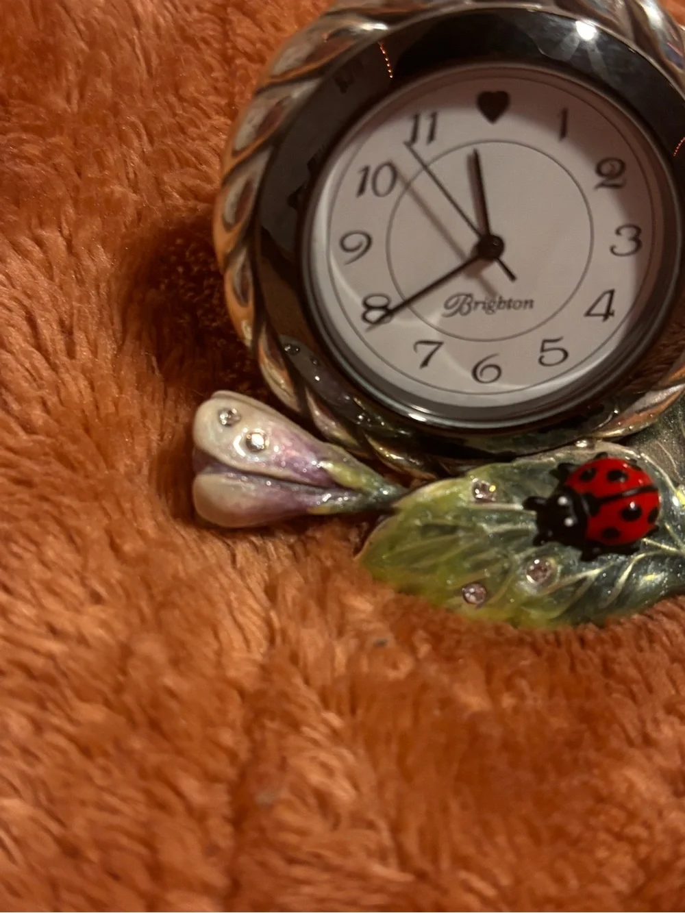 Brighton marvels ladybug flower mini desk clock crystals silver enamel